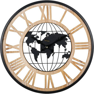 Wandklok/muur klok - Wereldbol - D40 cm - MDF - zwart/naturel