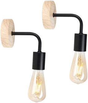 Wandlamp - 2x - zwart - metaal / houtoptiek - industrieel - E27 - binnen / woonkamer