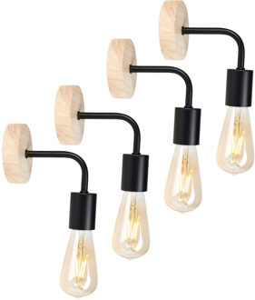 Wandlamp - 4x - zwart - metaal / houtoptiek - industrieel - E27 - binnen / woonkamer