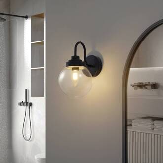 wandlamp Badolo, zwart, glas, 25 cm hoog, IP44 zwart, helder