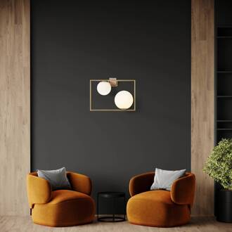 Wandlamp Buble, goud, 2 opaalglazen kappen geborsteld goud, opaalwit