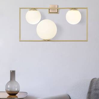 Wandlamp Buble, goud, 3 opaalglazen kappen geborsteld goud, opaalwit