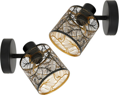 Wandlamp Calathea - 2x - goud / zwart - metaal - bewerkt - E27 - interieur decoratie - binne