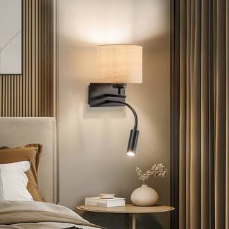 Wandlamp Harry, rond, zwart/licht hout zwart, licht hout