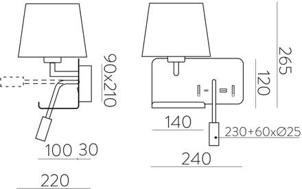 Wandlamp houden, links, wit/zwart, leeslampje, USB-poort wit, zwart