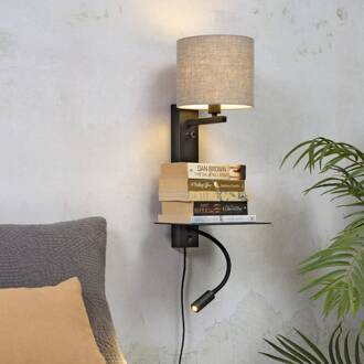 Wandlamp ijzer Florence h.52cm plank+usb+leeslamp 15000hrs/kap 18x15cm incl. dimmer, d.linnen