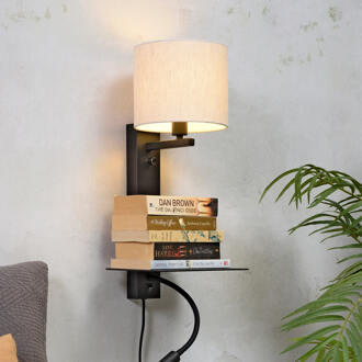 Wandlamp ijzer Florence h.52cm plank+usb+leeslamp 15000hrs/kap 18x15cm incl. dimmer, l.linnen