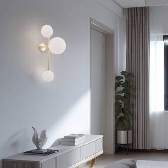 Wandlamp Joel, messing/wit, 3-lamps geborsteld messing, wit mat