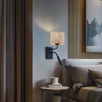 Wandlamp Jovin 1-lamp met spot, rotan kap beige, zwart