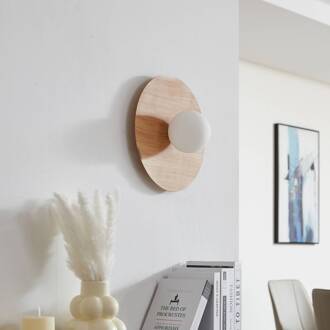 Wandlamp Lindby Zain, houtkleur/wit, glas, Ø 33 cm, G9 licht hout, wit