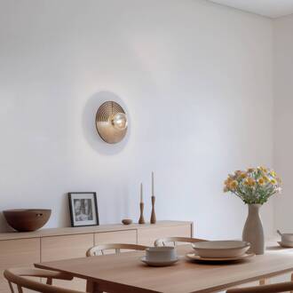 Wandlamp Lunar, wit/houtkleur, Ø 30 cm, G9 hout donker, helder