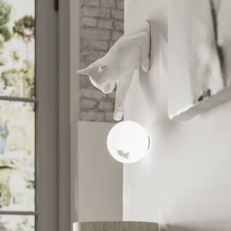 wandlamp Maoo, wit keramiek, glas, kattenbeeldje