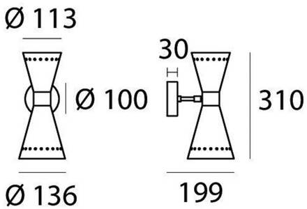 wandlamp Megafono, zwart, breedte 14 cm, 2-lamps. zwart, goudkleurig