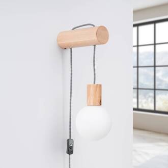 Wandlamp Nimbi, lichtgekleurd hout, hoogte 67 cm, hout/glas licht hout, wit, zwart