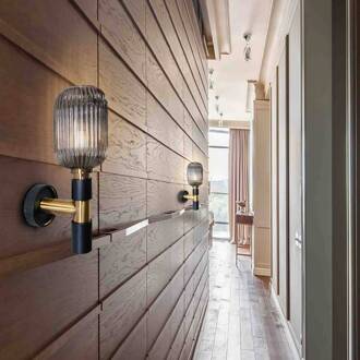 Wandlamp Norma, 42 cm, zwart/messing, glas, E27 zwart, messing, rookgrijs