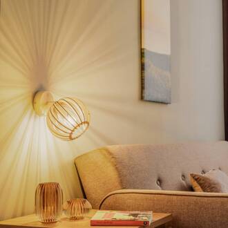 Wandlamp Paz wit met houten lamellen en bolvormige kap Hout licht, wit