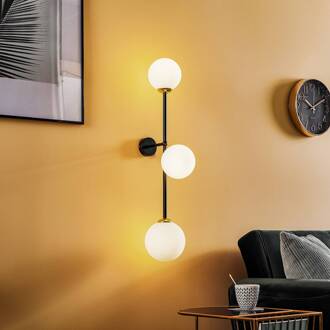 Wandlamp Pop, 3-lamps zwart, opaalwit, goud