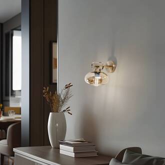 Wandlamp Rolan, messingkleurig, Ø 19 cm, hoogte 21 cm, glas amber, messing