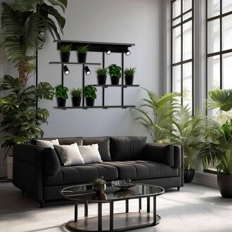 Wandlamp Shelf, zwart, breedte 102 cm, hout, 4-lamps. zwart mat