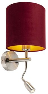 Wandlamp staal met leeslamp en kap velours 20|20|20 rood