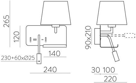 Wandlamp vasthouden, rechts, wit/zwart, leeslampje, USB-poort wit, zwart