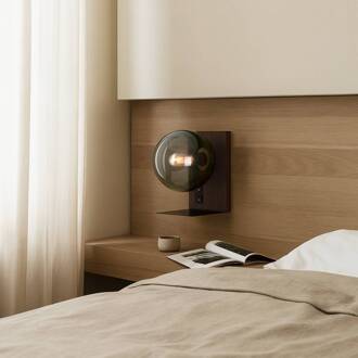 wandlamp Veloura, hoogte 30 cm, glas, hout, USB Donker hout, rookgrijs