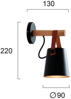 Wandlamp Vetra, zwart, staal, hout, leer, E27 zwart, licht hout