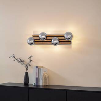 wandlamp Woodora, hout, glas, rookgrijs, 4-lamps houtkleurig, rookgrijs, zwart