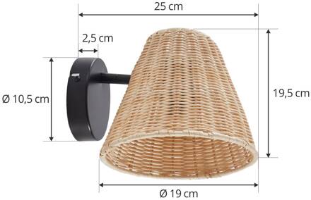 wandlamp Zyralia, houtkleurig, rotan, 19,5 cm hoog licht hout, zwart