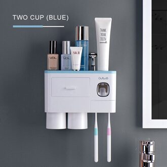 Wandmontage Badkamer Accessoires Tandenborstelhouder Automatische Tandpasta Dispenser Houder Rack Met Cup Opslag Set blauw-2cups