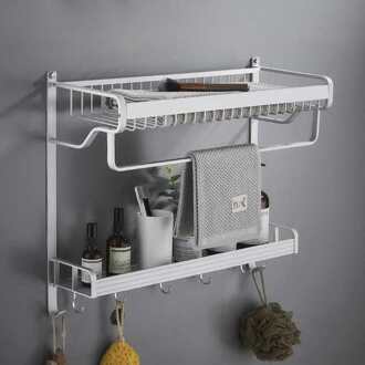 Wandmontage Badkamer Aluminium Handdoekenrek Bar Dubbele Tier Bad Opslag Plank Houder Met Haak Multifunctionele Organizer Zilver