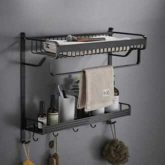 Wandmontage Badkamer Aluminium Handdoekenrek Bar Dubbele Tier Bad Opslag Plank Houder Met Haak Multifunctionele Organizer zwart