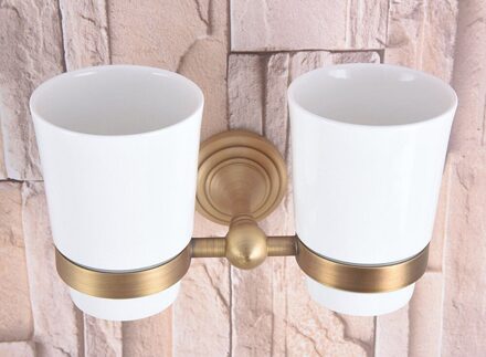 Wandmontage Vintage Retro Antiek Messing Badkamer Tandenborstelhouder Set Badkamer Accessoire Dual Keramische Cup mba736