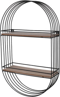 Wandplank/wandrek Industrial - metaal/hout - zwart - ovaal - 2 plankjes - 30 x 10 x 50 cm