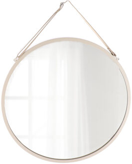 Wandspiegel - beige - D38 cm - metaal met lederlook riem