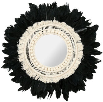 Wandspiegel bohemian Veren - zwart/wit - rond - boho/ibiza stijl - Dia 57 cm