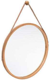 Wandspiegel met ophanghaak - rond - bamboo - leer - D38 cm