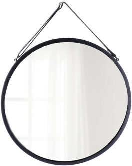 Wandspiegel - zwart - D38 cm - metaal met lederlook riem