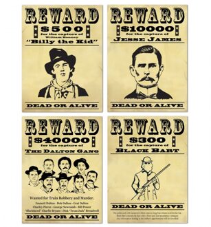 Wanted posters - 4x stuks - 48 cm - western/cowboy wanddecoratie - versiering