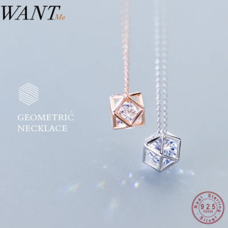 WANTME Genuine 100% 925 Sterling Silver High Quality Geometric Hexagon Wrapped Crystal Zircon Charm Pendant Necklace for Women