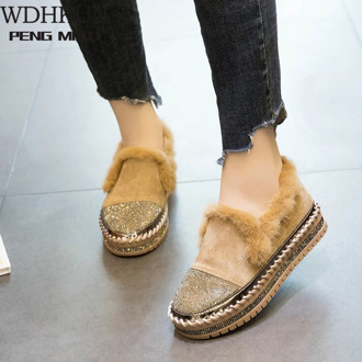 Warm Real Mink Fur Shoes Women Luxury Crystal Hand Stitching Leather Winter Shoes Woman Slip-on Platform Womens Sneakers