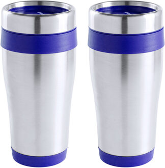 Warmhoudbeker/thermos isoleer koffiebeker/mok - 2x - RVS - zilver/blauw - 450 ml