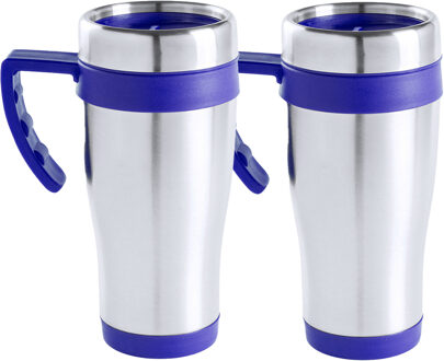 Warmhoudbeker/thermos isoleer koffiebeker/mok - 2x - RVS - zilver/blauw - 450 ml