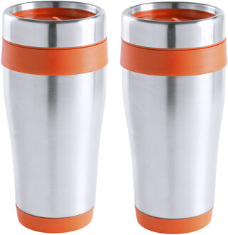 Warmhoudbeker/thermos isoleer koffiebeker/mok - 2x - RVS - zilver/oranje - 450 ml
