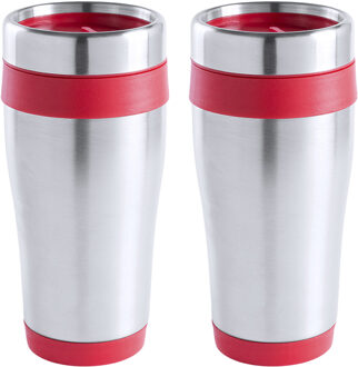Warmhoudbeker/thermos isoleer koffiebeker/mok - 2x - RVS - zilver/rood - 450 ml