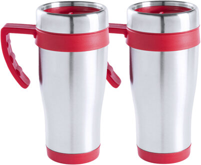 Warmhoudbeker/thermos isoleer koffiebeker/mok - 2x - RVS - zilver/rood - 450 ml