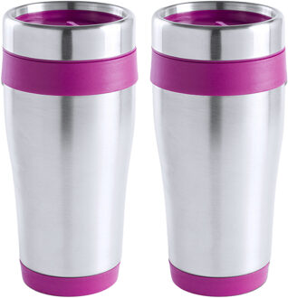 Warmhoudbeker/thermos isoleer koffiebeker/mok - 2x - RVS - zilver/roze - 450 ml