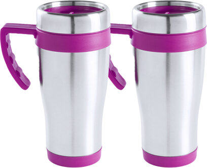 Warmhoudbeker/thermos isoleer koffiebeker/mok - 2x - RVS - zilver/roze - 450 ml