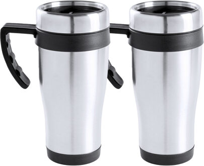 Warmhoudbeker/thermos isoleer koffiebeker/mok - 2x - RVS - zilver/zwart - 450 ml