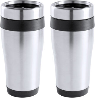 Warmhoudbeker/thermos isoleer koffiebeker/mok - 2x - RVS - zilver/zwart - 450 ml